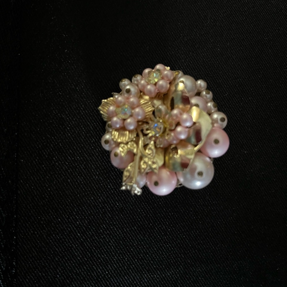 Vintage Gold and Pink Floral Brooch